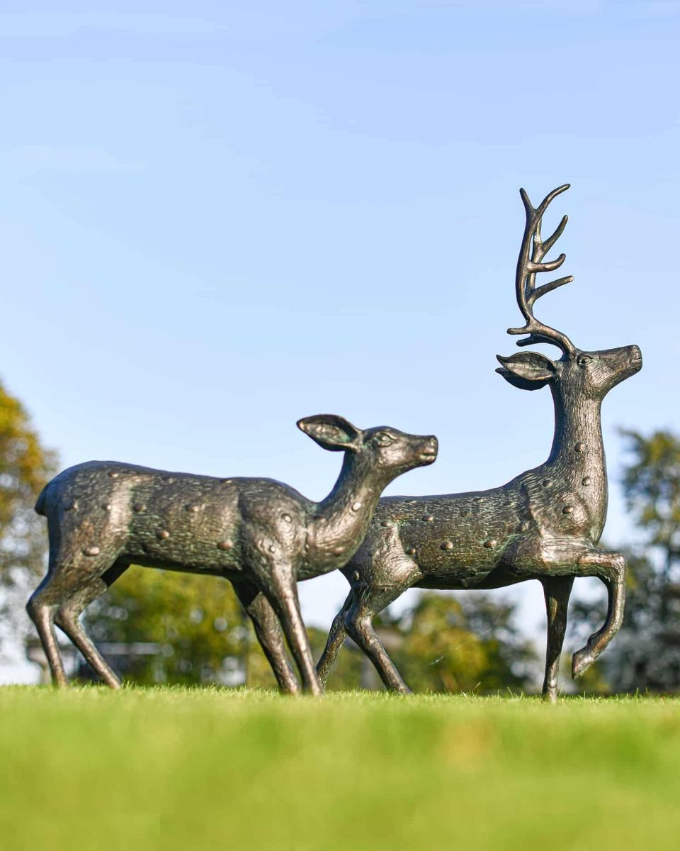 Pair of Miniature Aged Verdigris "Parsley & Sage" Stag & Doe Garden Sculptures Looking off to the Right