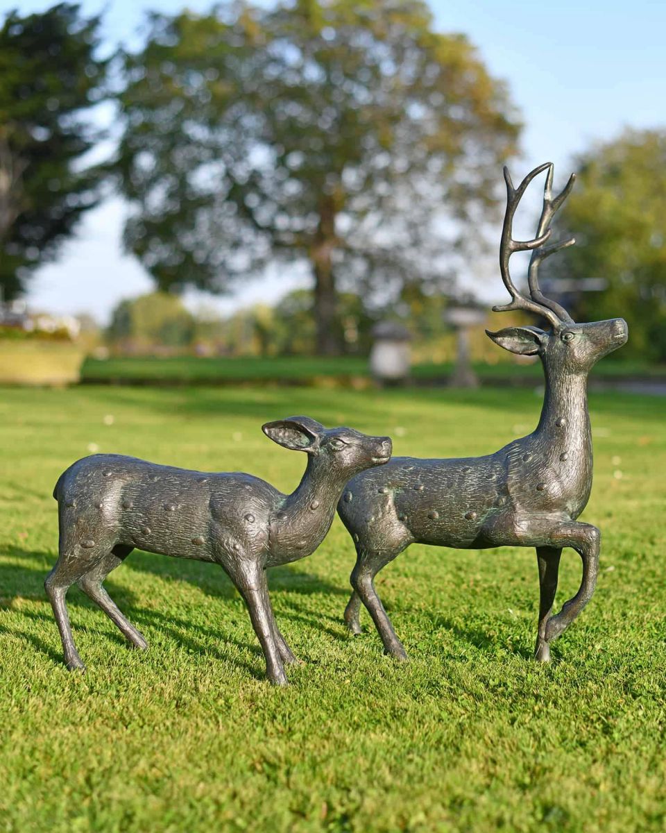 Pair of Miniature Aged Verdigris "Parsley & Sage" Stag & Doe Garden Sculptures in the Garden