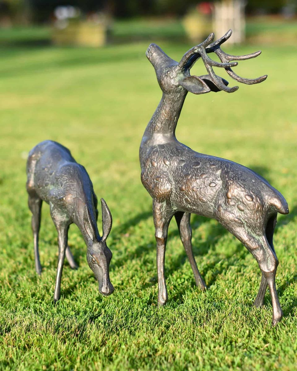 Close-Up of Pair of Miniature Aged Verdigris "Starlight & Moondust" Stag & Doe Garden Sculptures in Situ