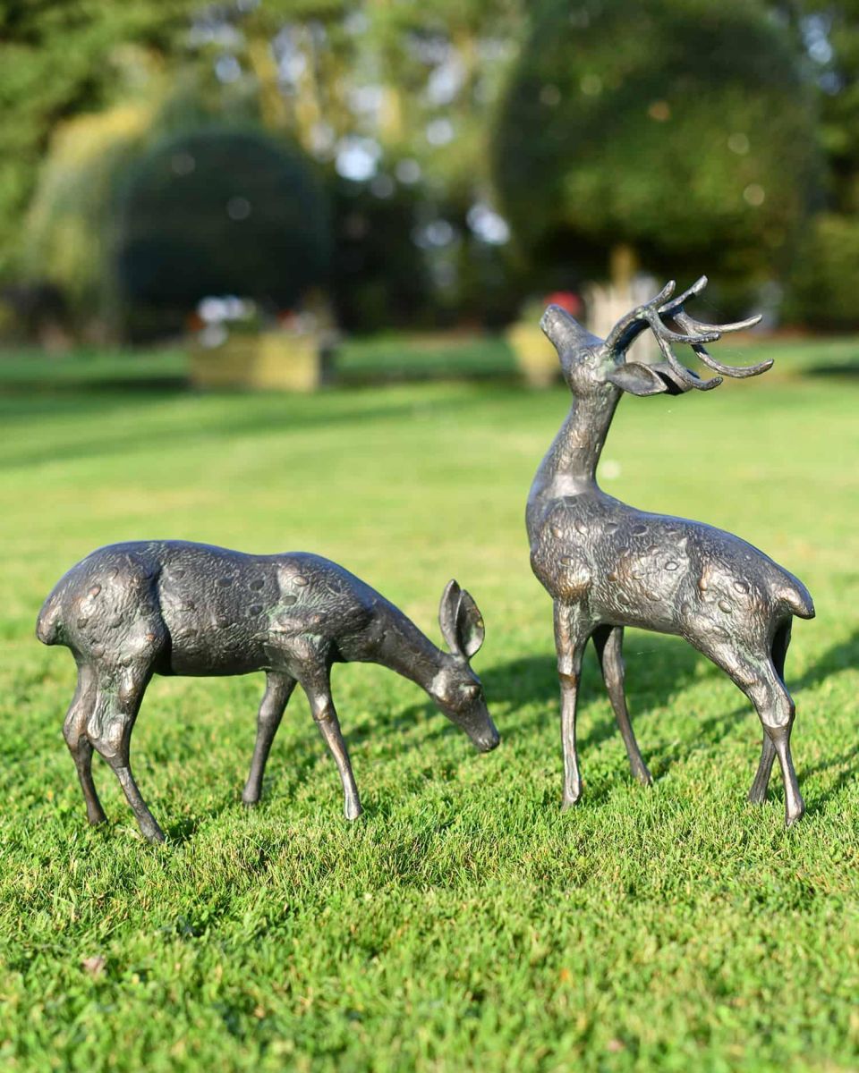 Pair of Miniature Aged Verdigris "Starlight & Moondust" Stag & Doe Garden Sculptures in Situ
