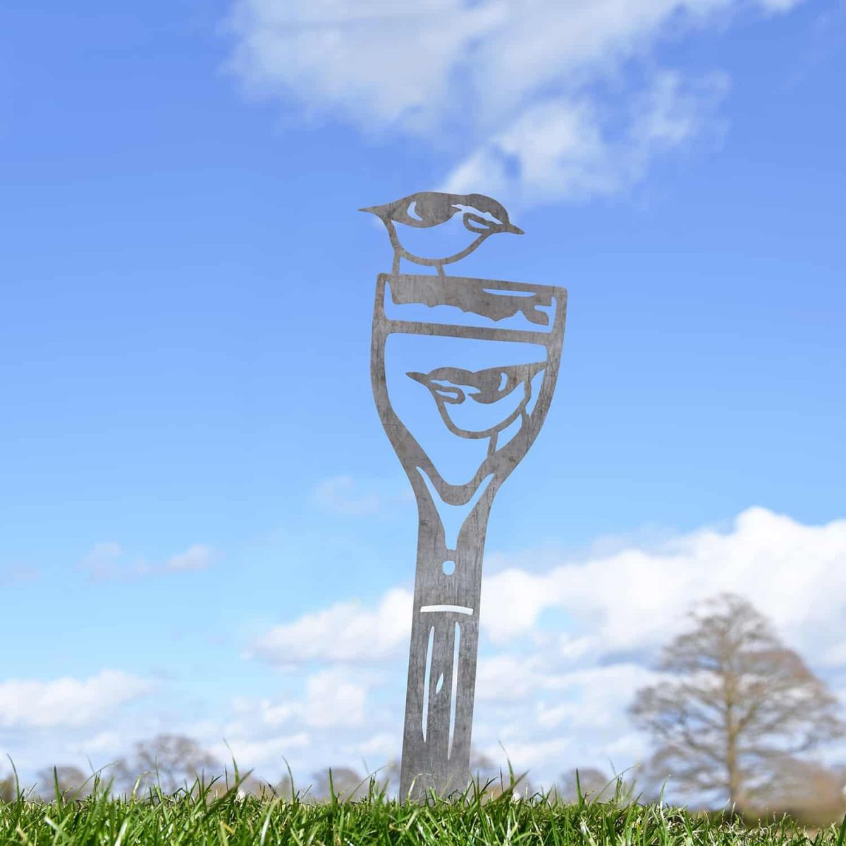 Pair of Nuthatches Sheet Steel Silhouette in Natural Steel Finish in Situ