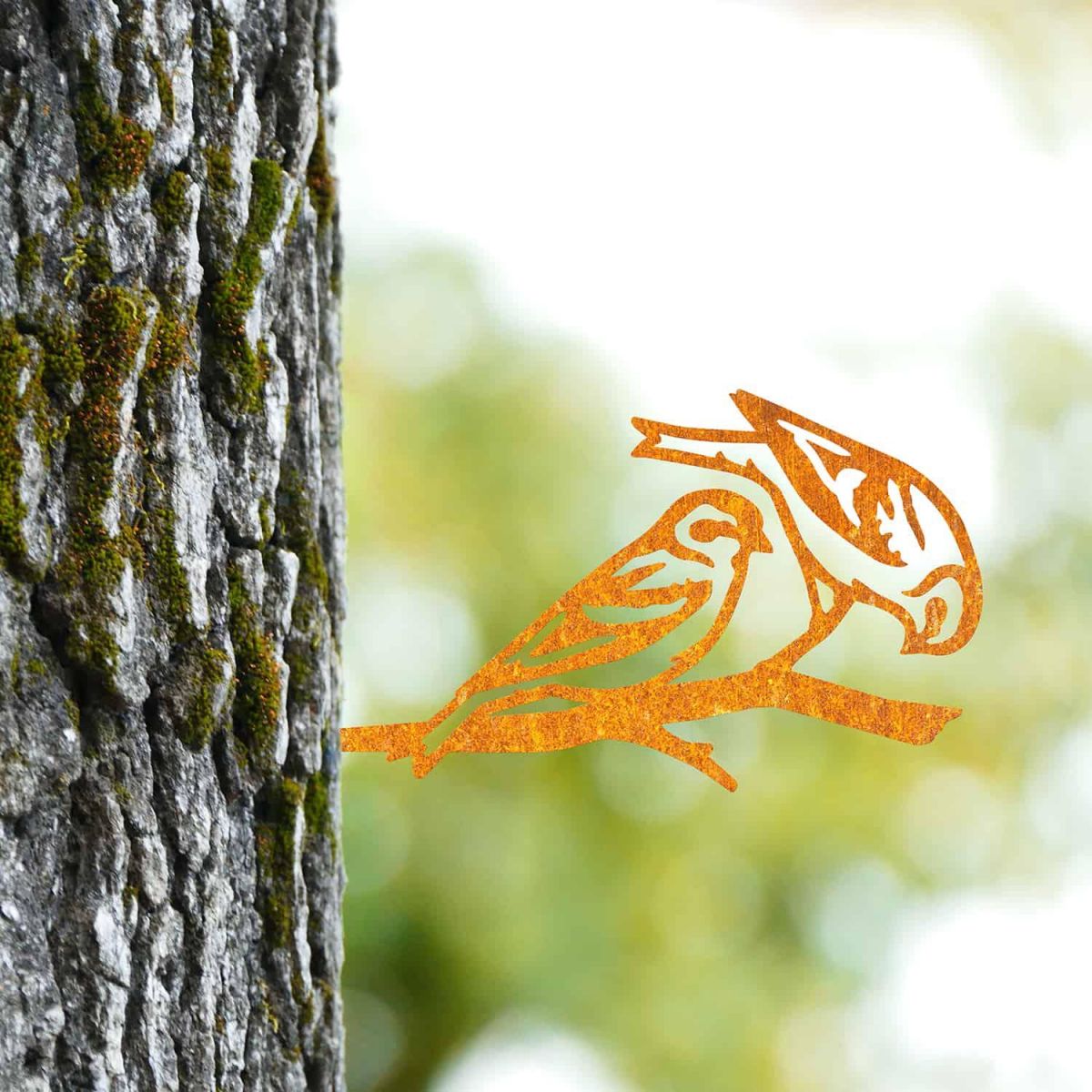 Rustic Pair of Siskins Steel Tree Spike in Situ