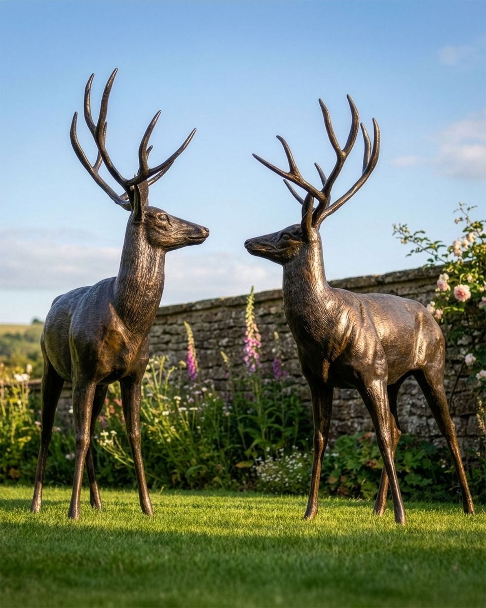 Pair of Standing Cast Aluminium Stags Digital Illustration