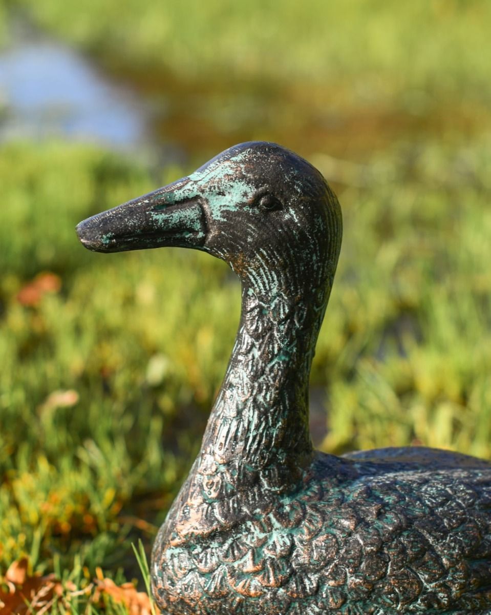 Pair of Verdigris Cast Aluminium Ducks Sitting Version with a Close up of the Head