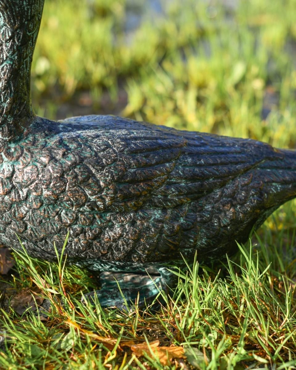 Pair of Verdigris Cast Aluminium Ducks Sitting Version with a Close up of the Wing