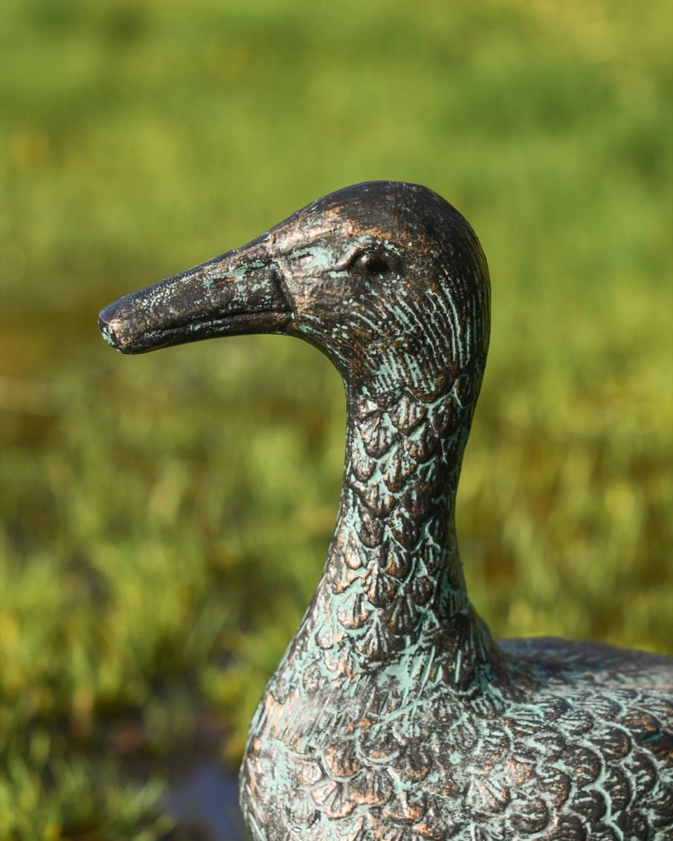 Pair of Verdigris Cast Aluminium Ducks Standing Version with a Close up of the Head