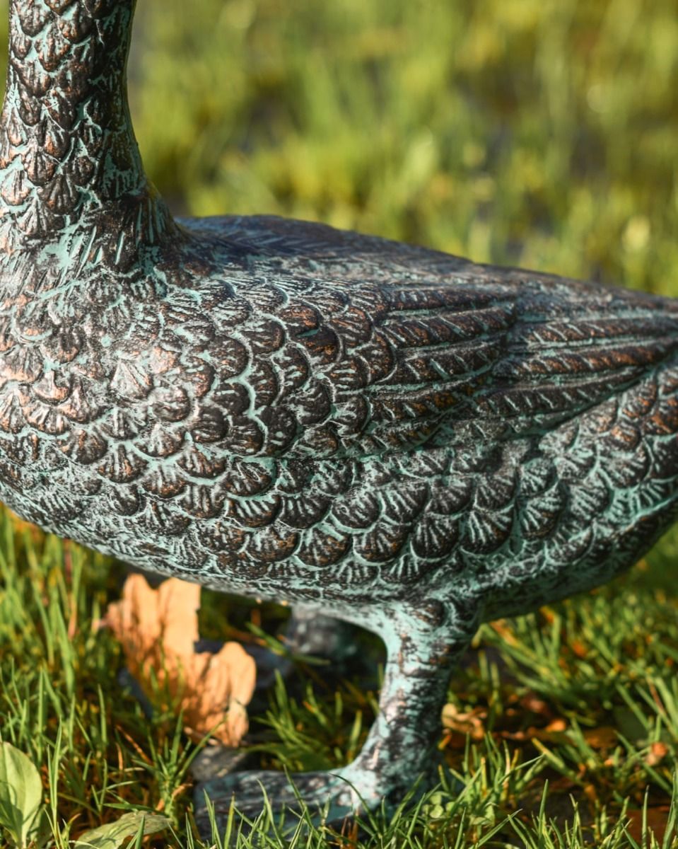 Pair of Verdigris Cast Aluminium Ducks Standing Version with a Close up of the Wing