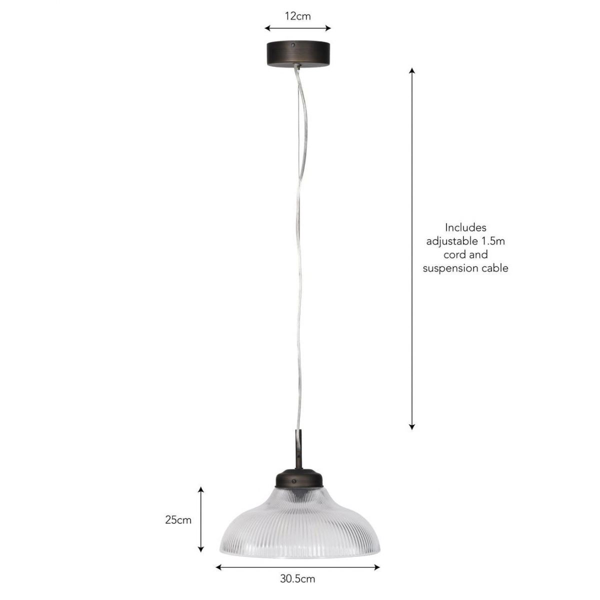 Dimensions of the "Paris" Retro Ribbed Glass Hanging Ceiling Light