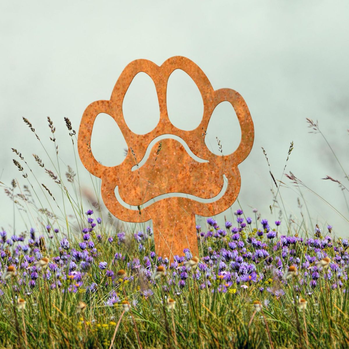 Paw Print Grave Marker Ground Spike in Rustic Finish in Situ
