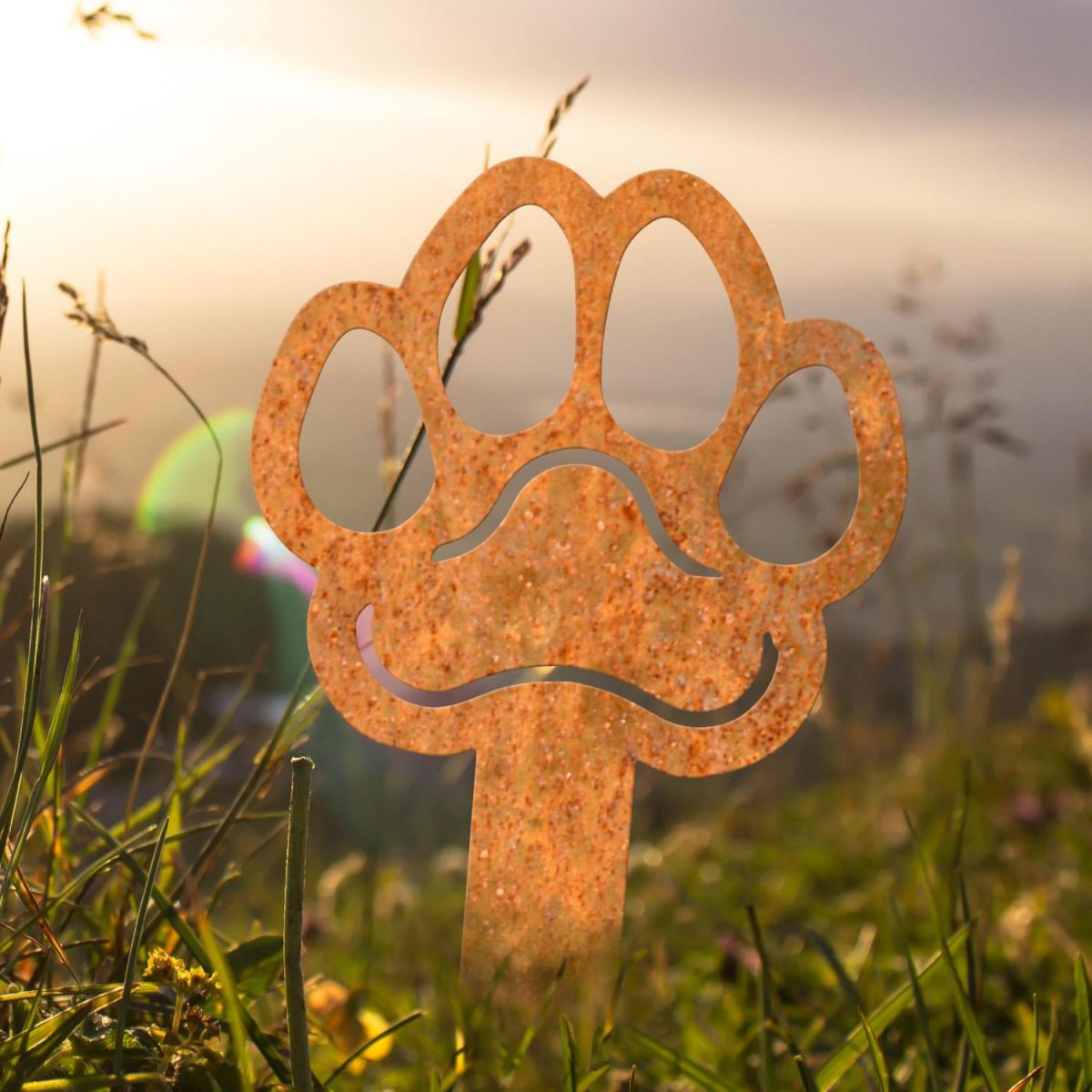 Rustic Grave Marker Ground Spike with Paw Print Topper in Situ