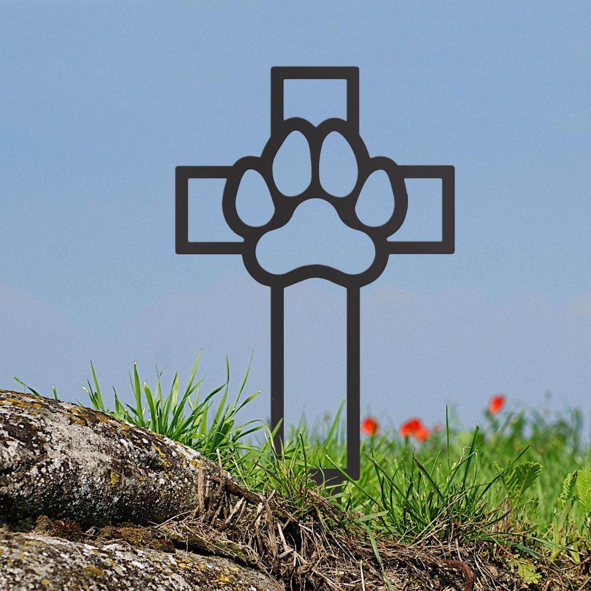 Black Grave Marker Ground Spike with Paw Print on Cross Motif