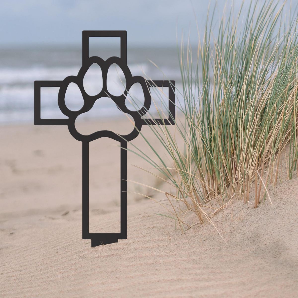 Paw Print on Cross Grave Marker Ground Spike in Black Finish in Situ