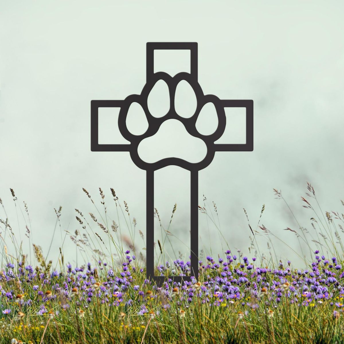 Black Grave Marker Ground Spike with Paw Print on Cross Topper