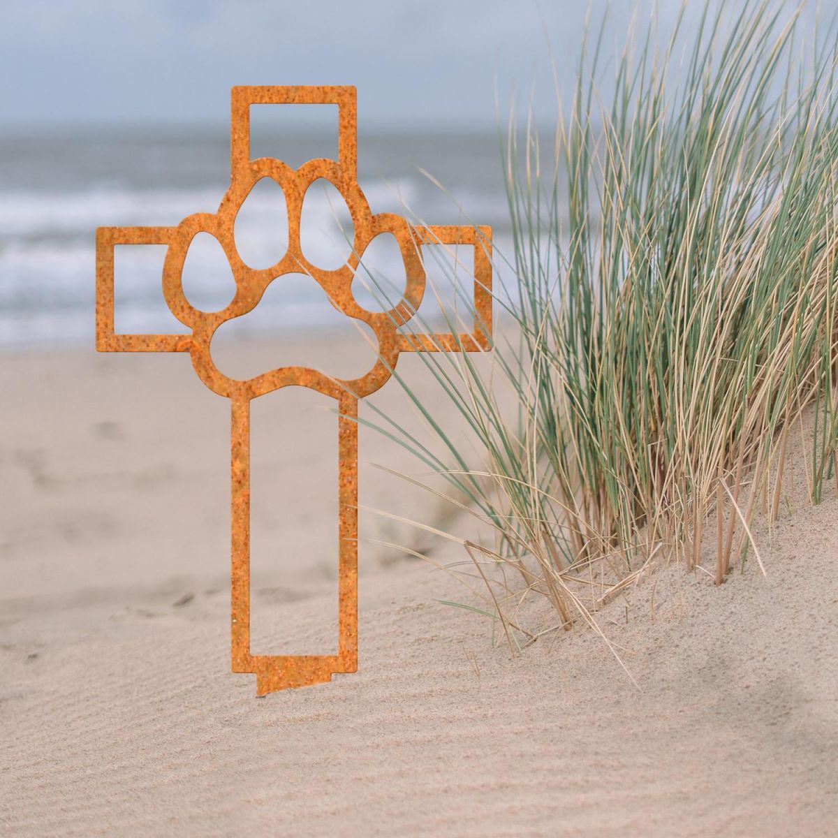 Rustic Grave Marker Ground Spike with Paw Print on Cross Motif