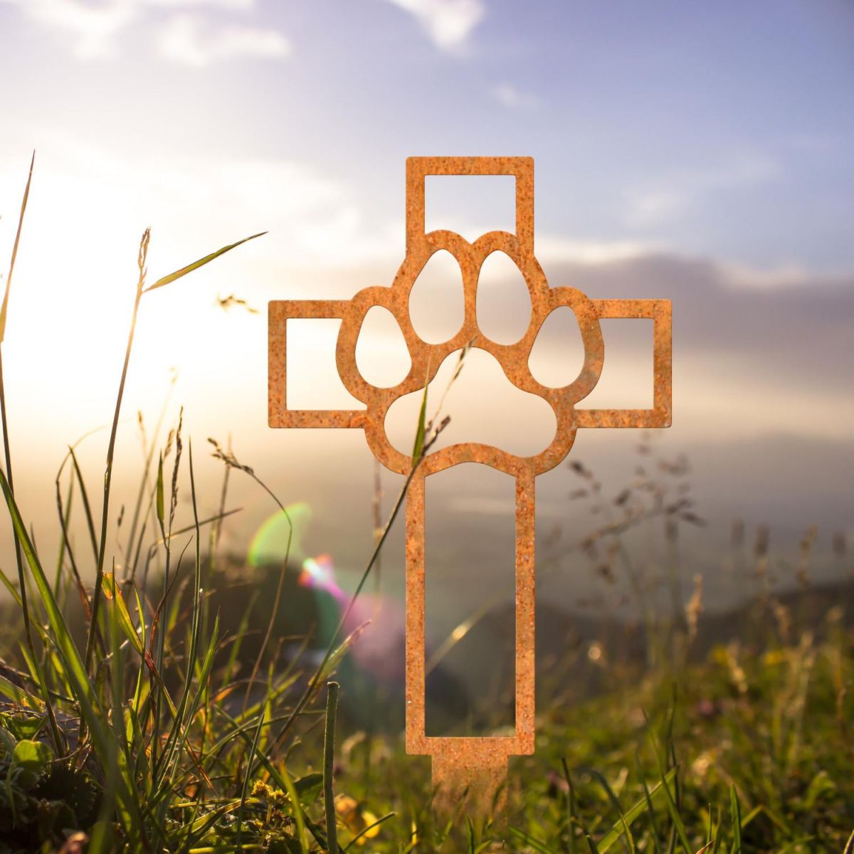 Paw Print on Cross Grave Marker Ground Spike in Rustic Finish in Situ