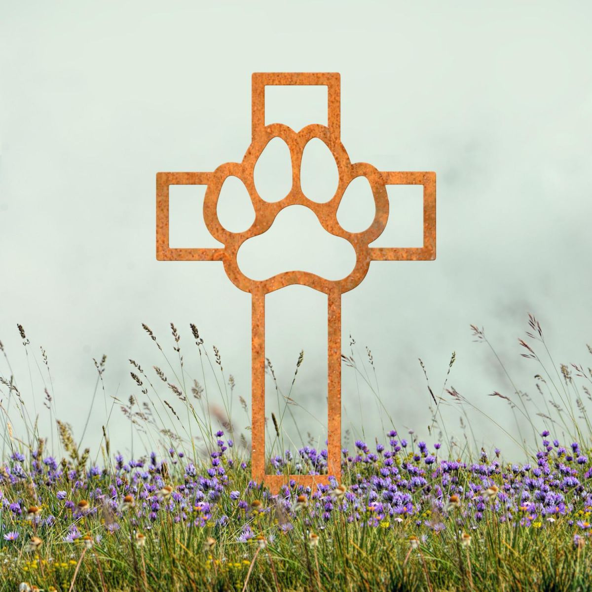 Rustic Grave Marker Ground Spike with Paw Print on Cross Topper 