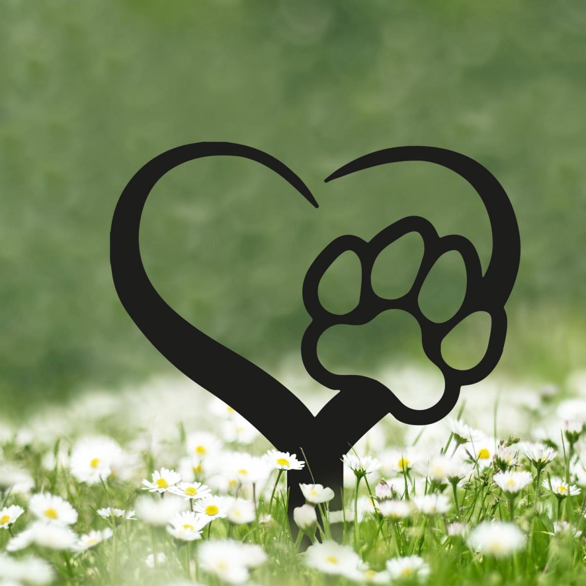 Paw Print on Heart Grave Marker Ground Spike in Black Finish in Situ
