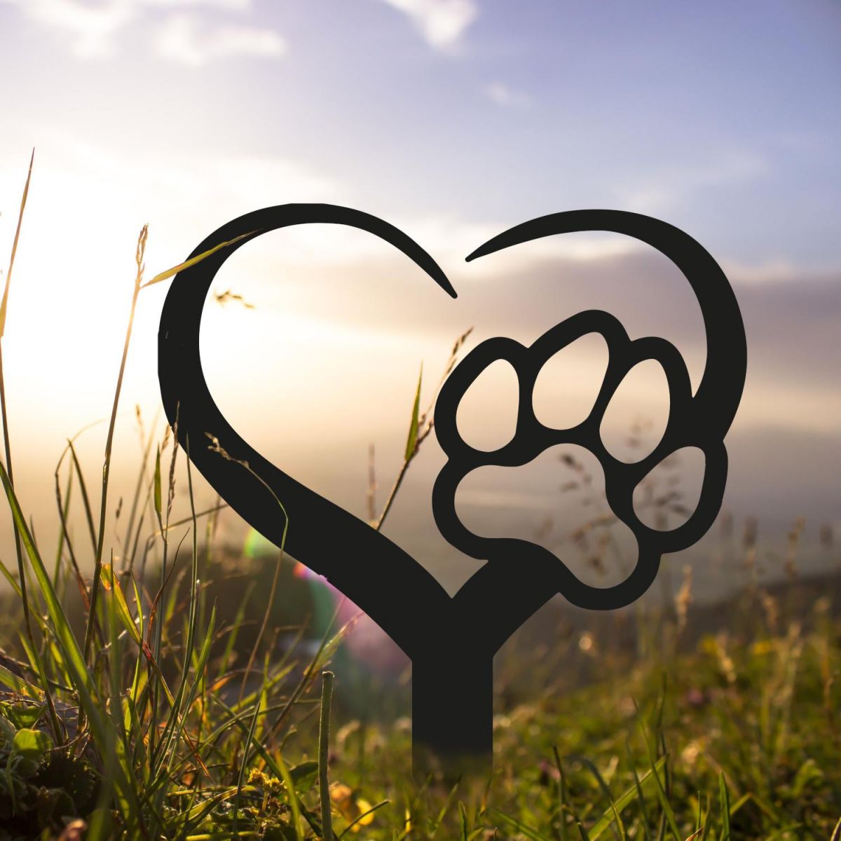 Black Grave Marker Ground Spike with Paw Print on Heart Topper