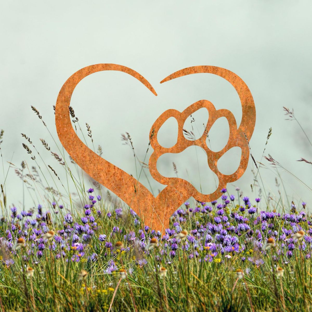 Rustic Grave Marker Ground Spike with Paw Print on Heart Motif