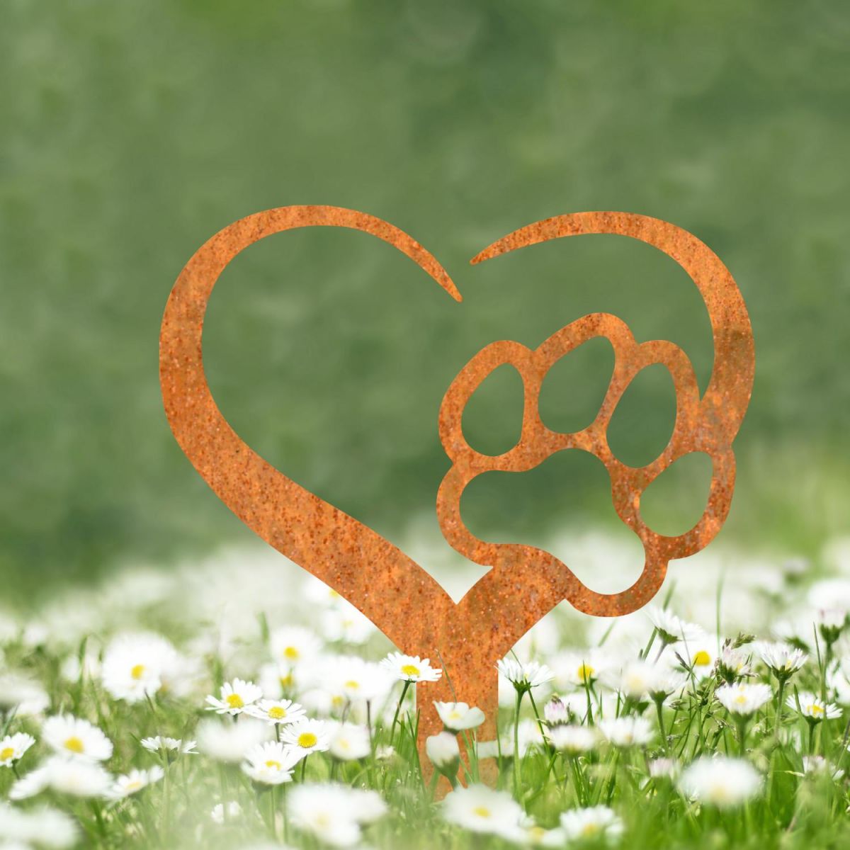 Paw Print on Heart Grave Marker Ground Spike in Rustic Finish in Situ