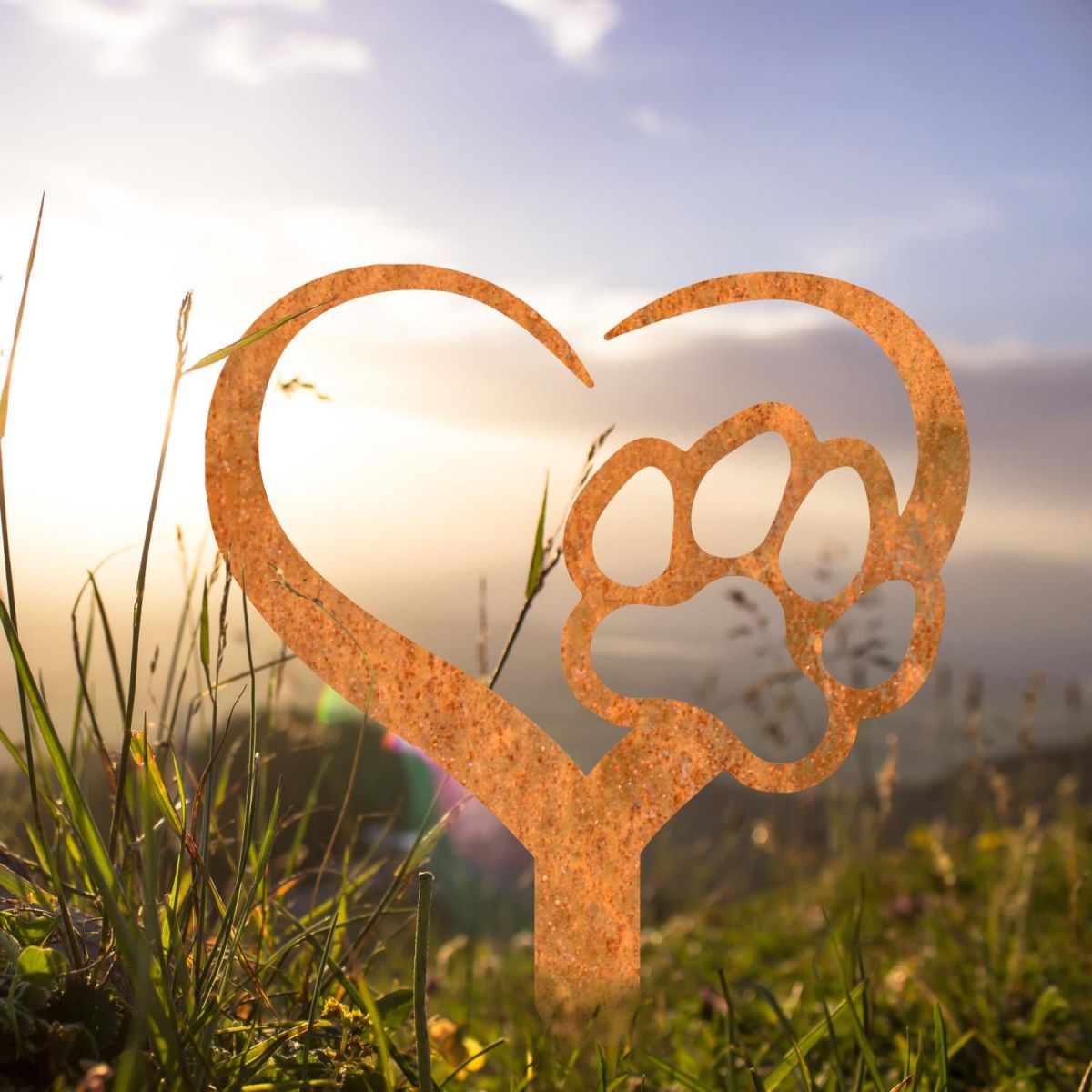Paw Print on Heart Grave Marker Ground Spike in Rustic Finish