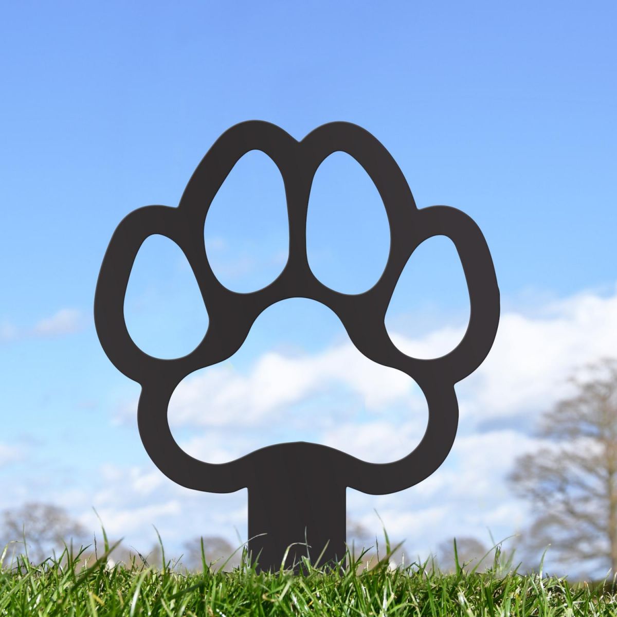 Paw Print "Outline" Grave Marker Ground Spike in Black Finish