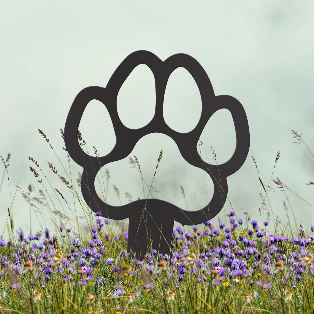 Paw Print "Outline" Grave Marker Ground Spike in Black Finish in Situ