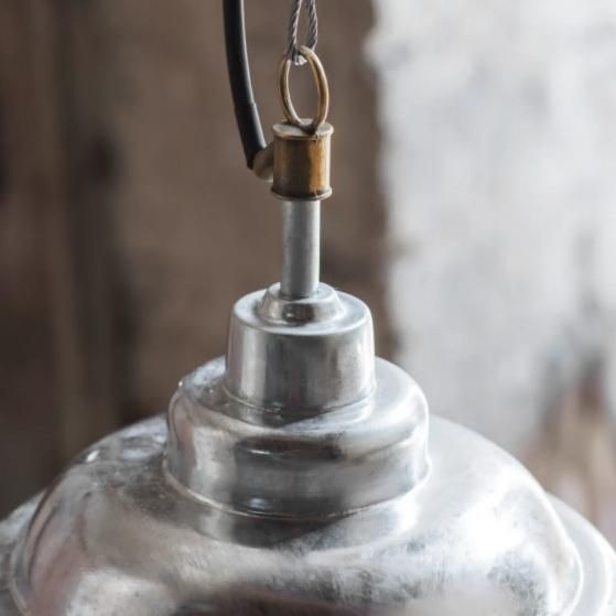 Galvanised Steel Industrial Style Outdoor Pendant Light Close Up Galvanised Steel Industrial Style Outdoor Pendant Light Close Up