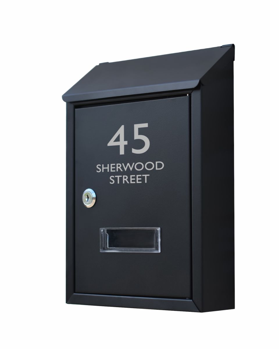 Personalised contemporary wall mounted black post box