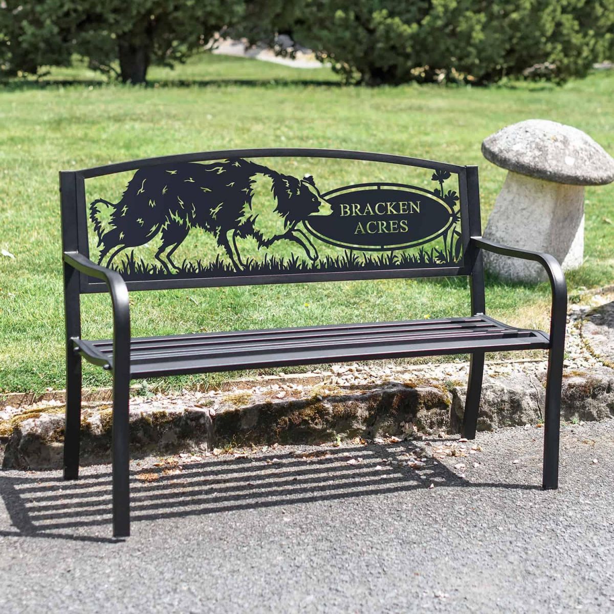 Iron & Steel Park Bench in Black with Personalised Border Collie Backrest
