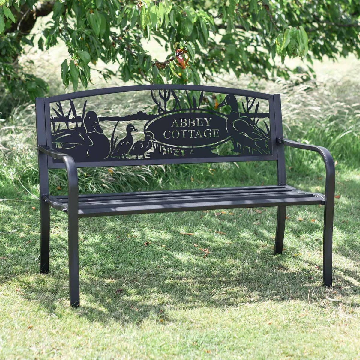 Personalised Duck Family Iron & Steel Park Bench in Black in Situ
