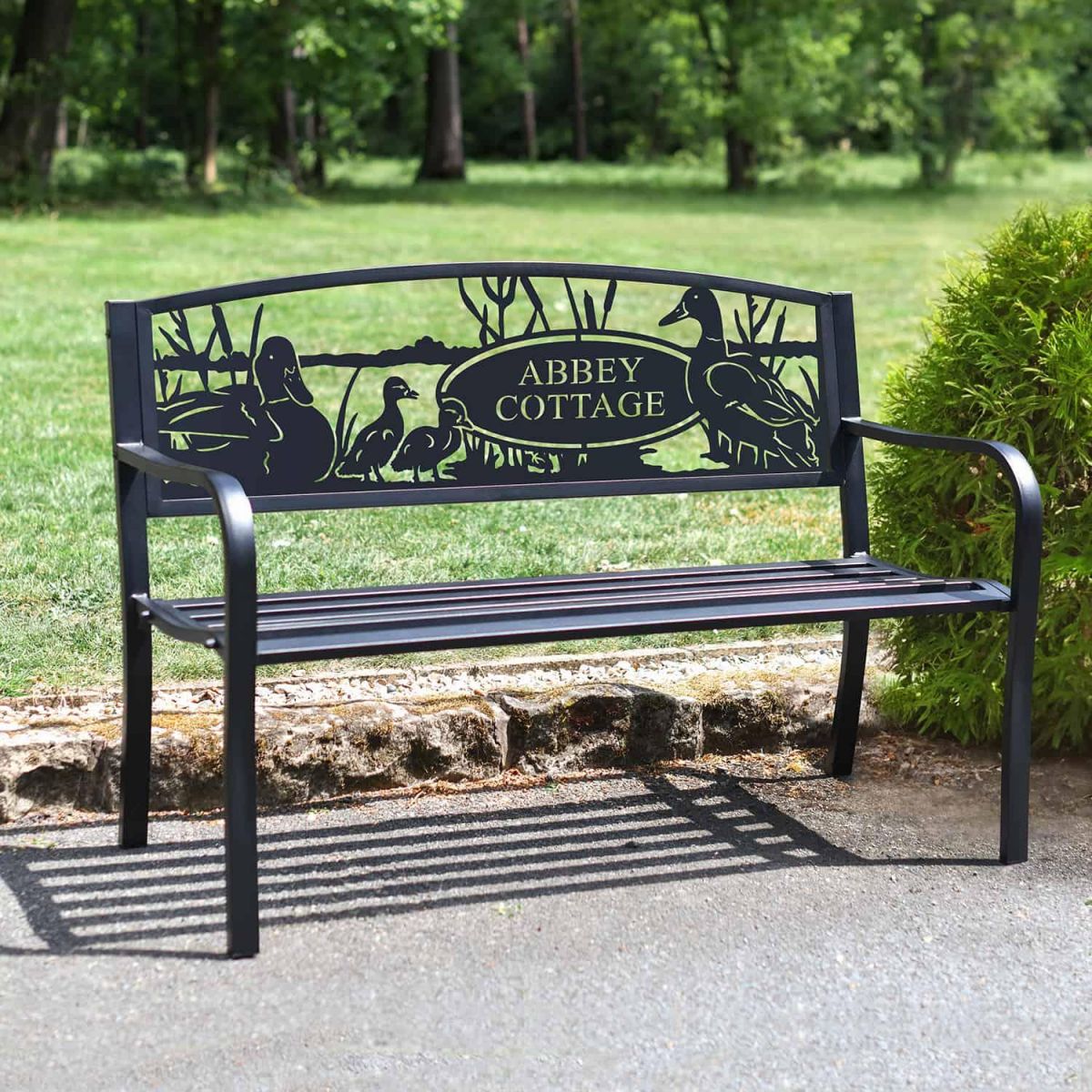 Personalised Duck Family Iron & Steel Park Bench in Black