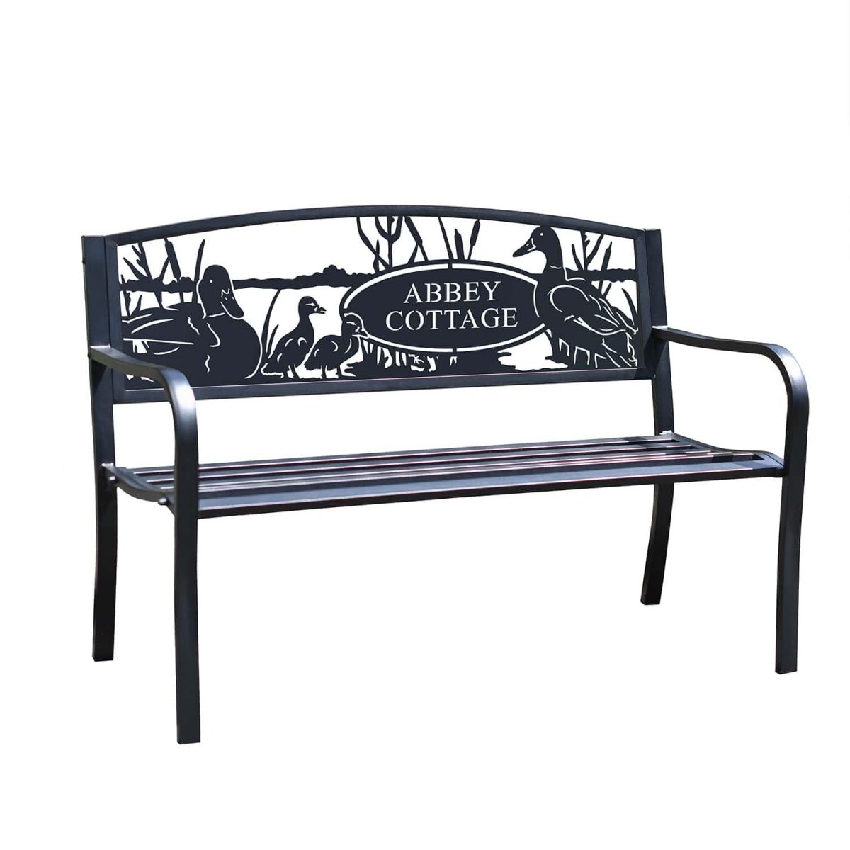 Close-Up of Personalised Duck Family Iron & Steel Park Bench in Black