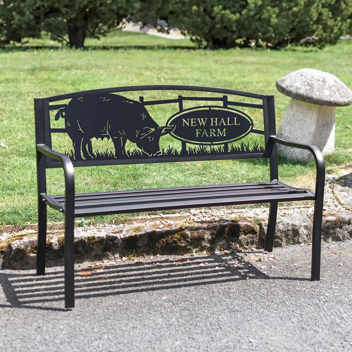 Iron & Steel Park Bench in Black with Personalised Farmyard Pig Design