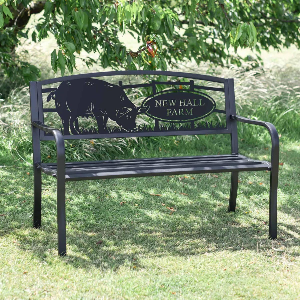 Personalised Farmyard Pig Iron & Steel Park Bench in Black in Situ