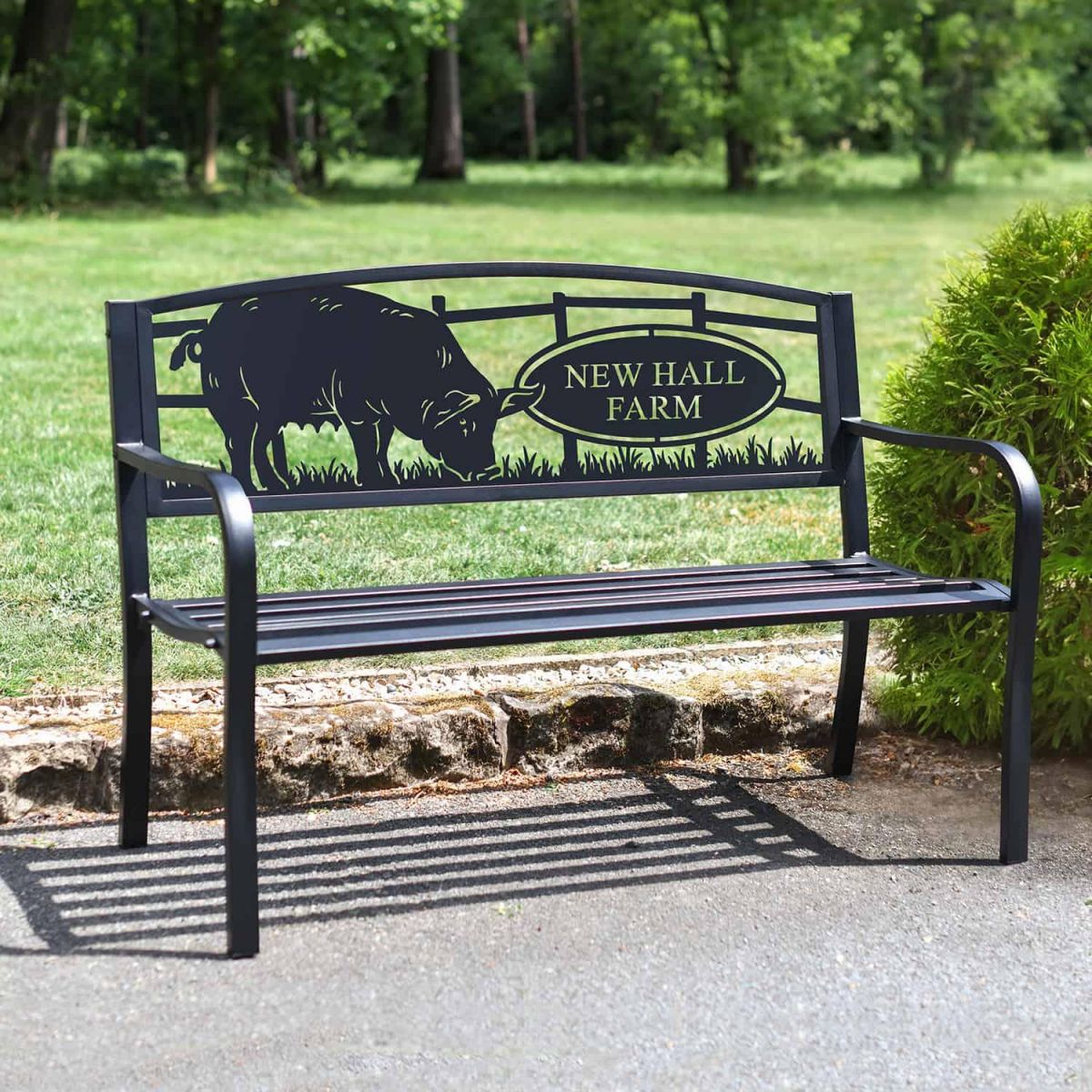 Iron & Steel Park Bench in Black with Personalised Farmyard Pig Backrest