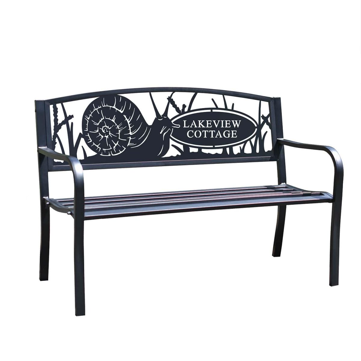 Close-Up of Personalised Garden Snail Iron & Steel Park Bench in Black
