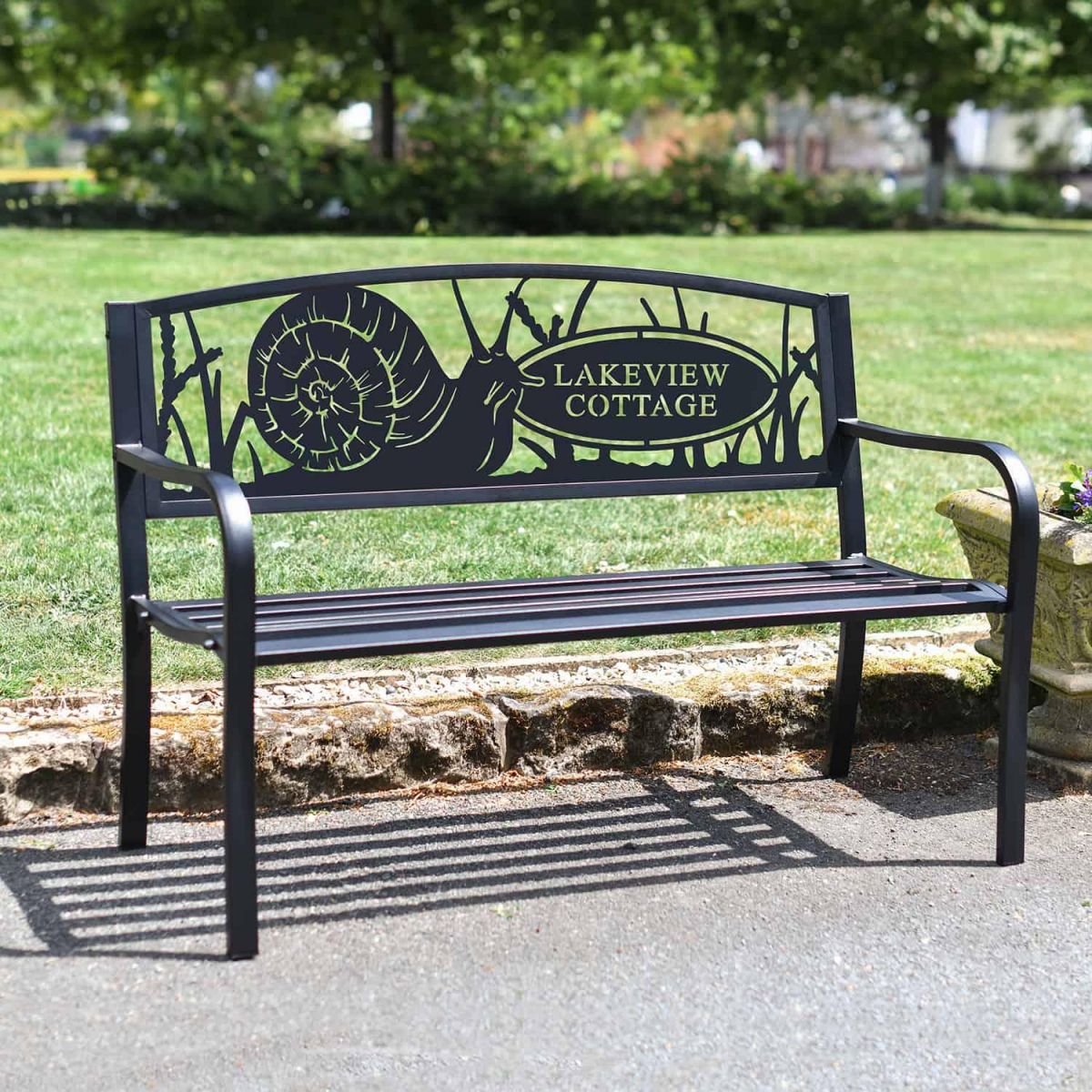 Personalised Garden Snail Iron & Steel Park Bench in Black in Situ