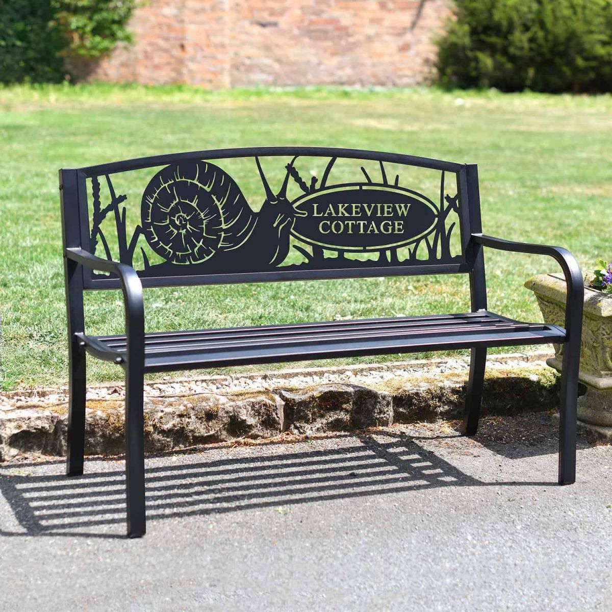 Black Personalised Garden Snail Iron & Steel Park Bench in Situ