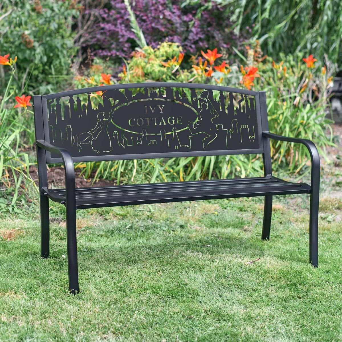 Iron & Steel Park Bench in Black with Personalised Mary Poppins Design