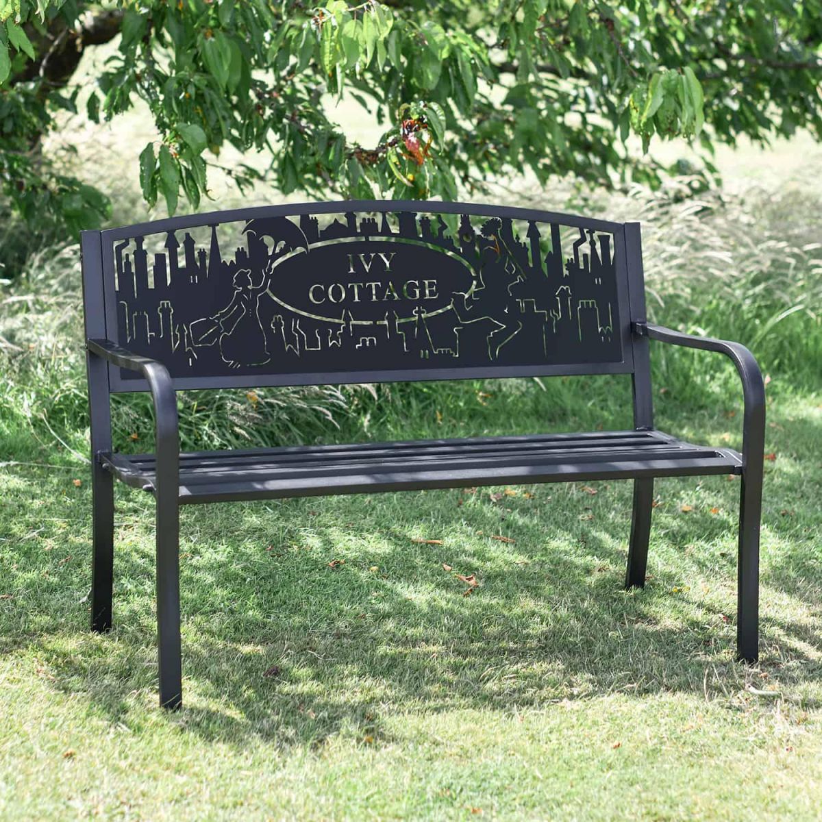 Iron & Steel Park Bench in Black with Personalised Mary Poppins Cut-Out