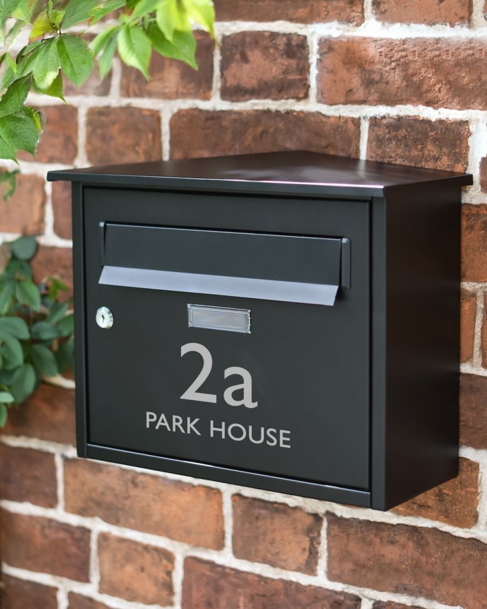 Personalised Modern Black Steel Front Opening Wall Mounted Post Box with Lock