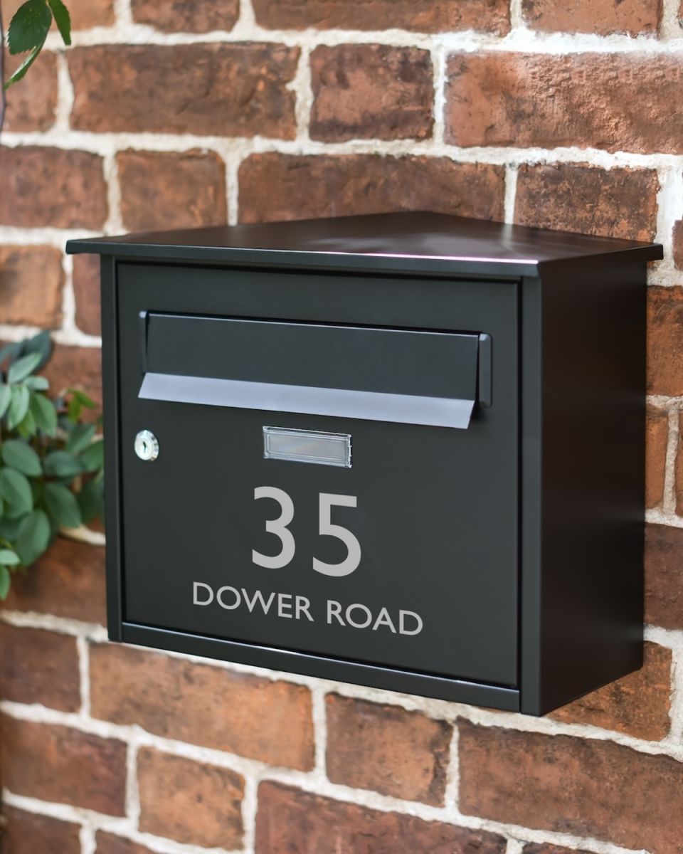 Personalised contemporary wall mounted black post box