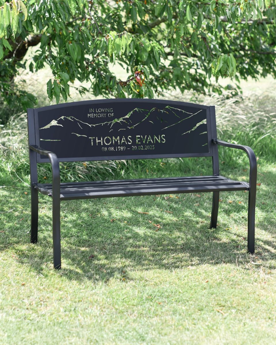 Snowdon mountain range detail on customisable memorial garden bench