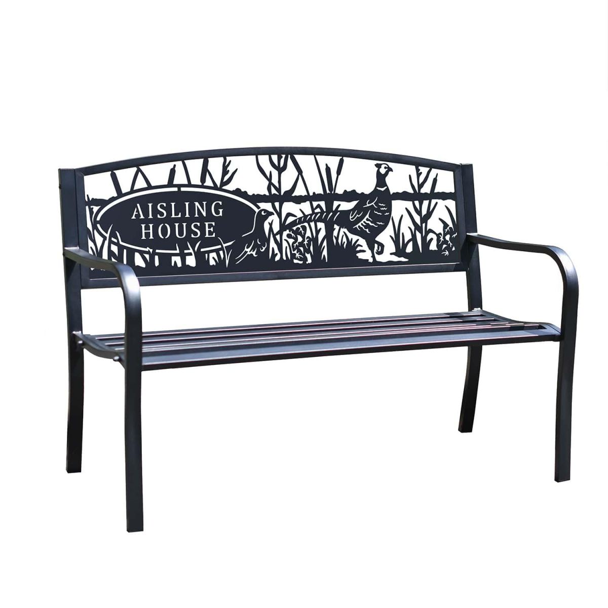 Personalised Pheasant Iron & Steel Park Bench in Black on White Background Personalised Pheasant Iron & Steel Park Bench in Black on White Background