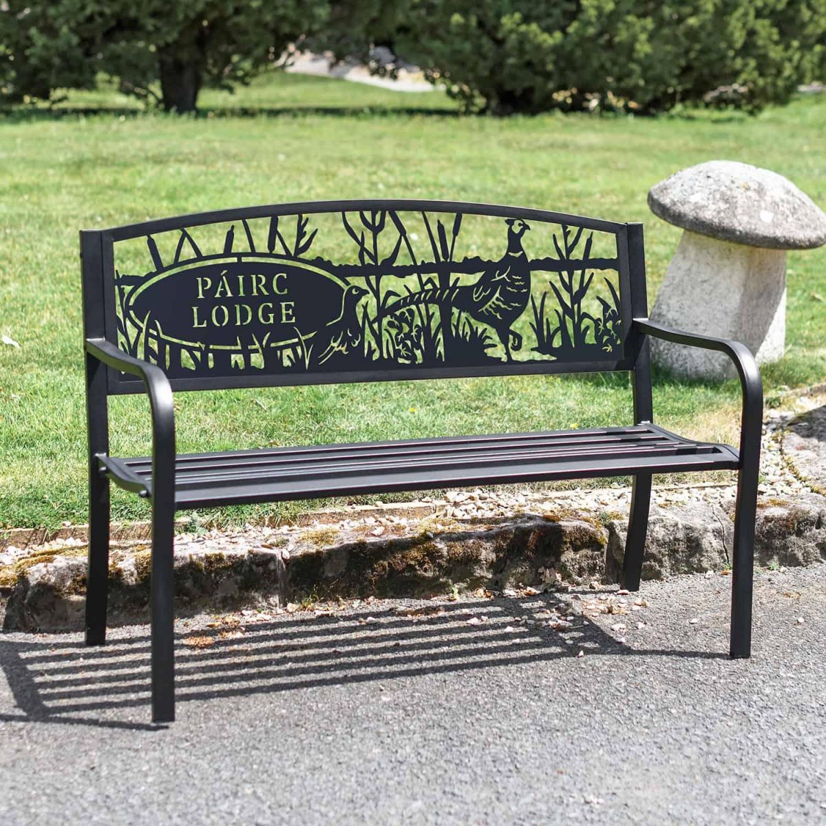 Iron & Steel Park Bench in Black with Personalised Pheasant Design Iron & Steel Park Bench in Black with Personalised Pheasant Design