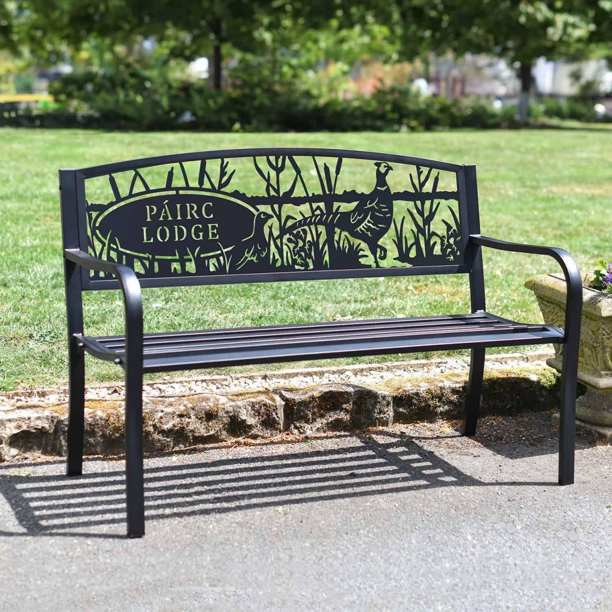 Personalised Pheasant Iron & Steel Park Bench in Black in Situ Personalised Pheasant Iron & Steel Park Bench in Black in Situ
