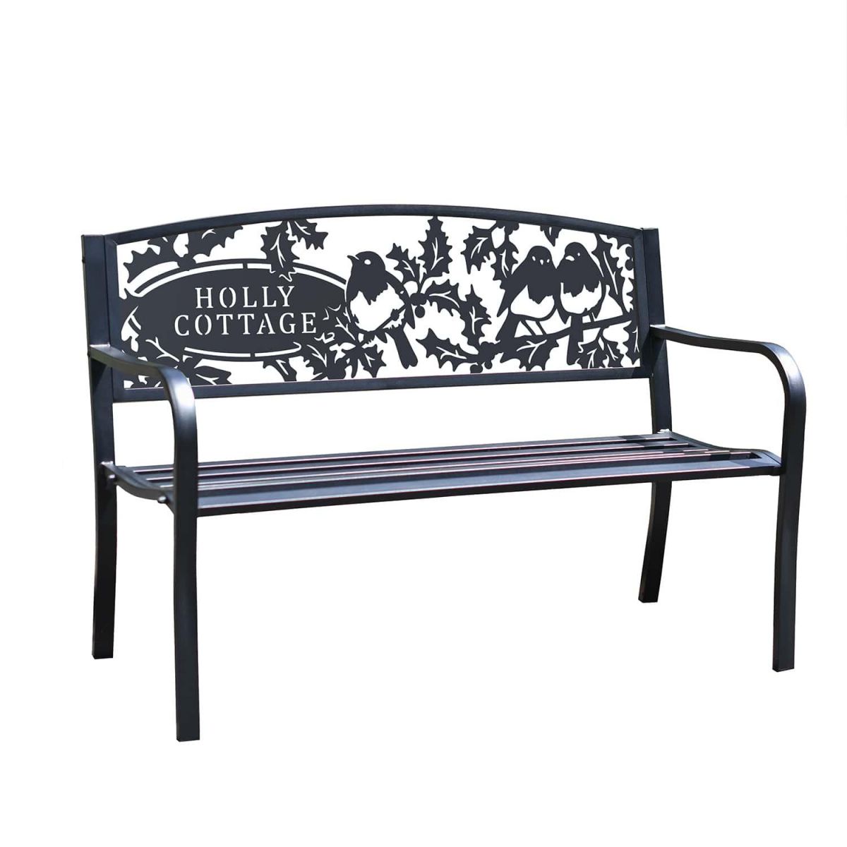 Personalised Robins Iron & Steel Park Bench in Black on White Background