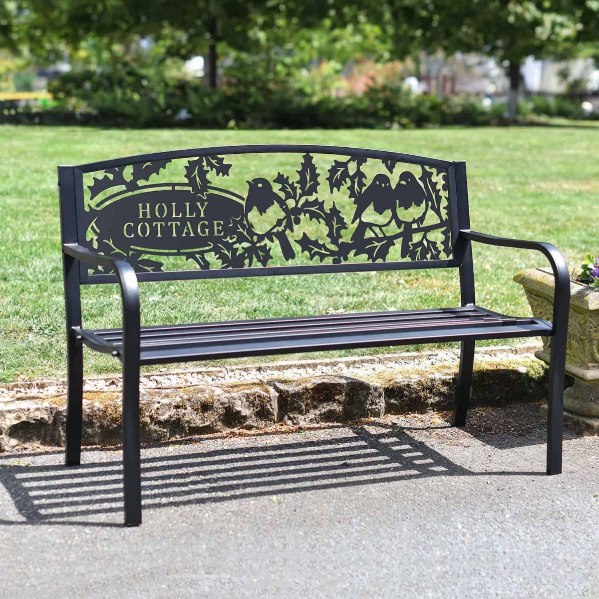 Personalised Robins Iron & Steel Park Bench in Black in Situ