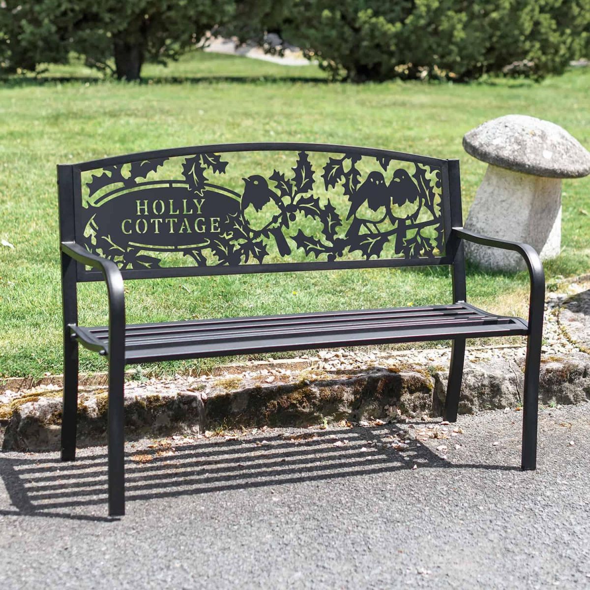 Iron & Steel Park Bench in Black with Personalised Robins Cut-Out